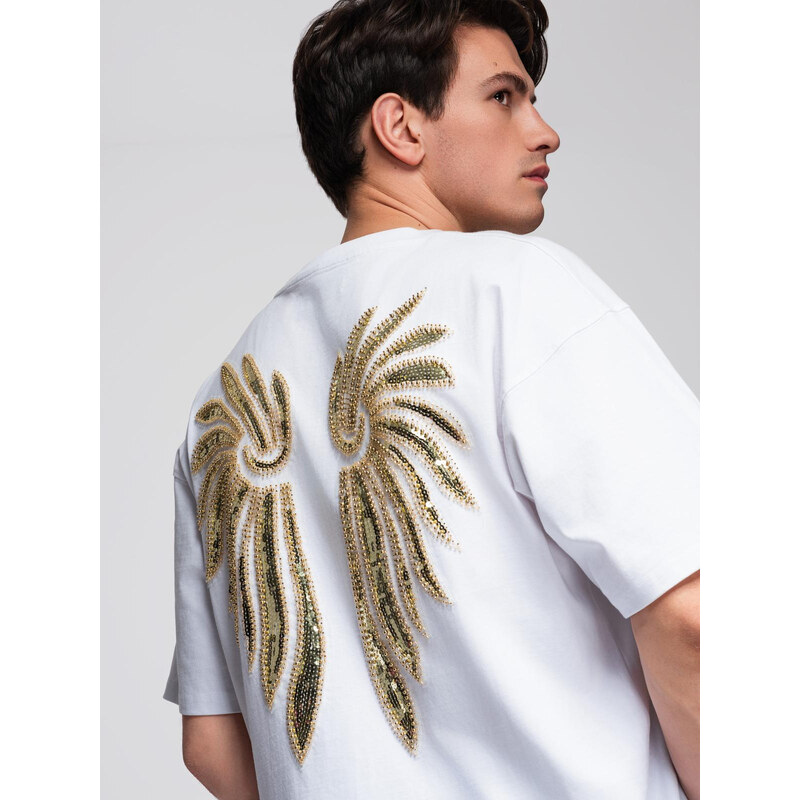Ombre Mens cotton T-shirt with sequin wing motif on back - white