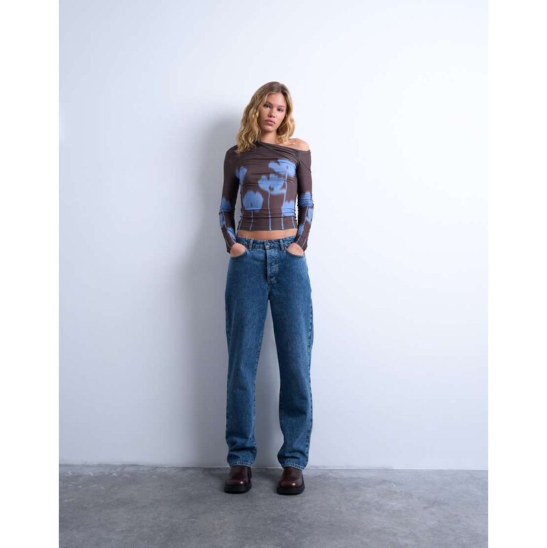 Topshop microfibre floral print ruched long sleeve top in brown 109409990