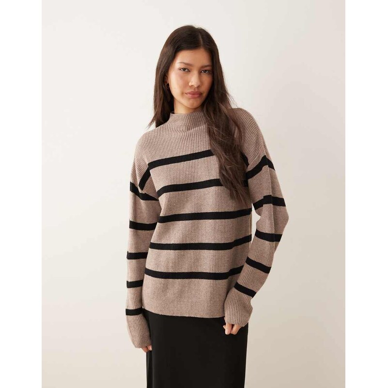 Vila high neck super soft jumper in brown stripe-Neutral 110761523