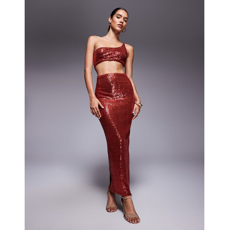 ASOS DESIGN all over sequin one shoulder faux-ord midi dress in rust 113263010