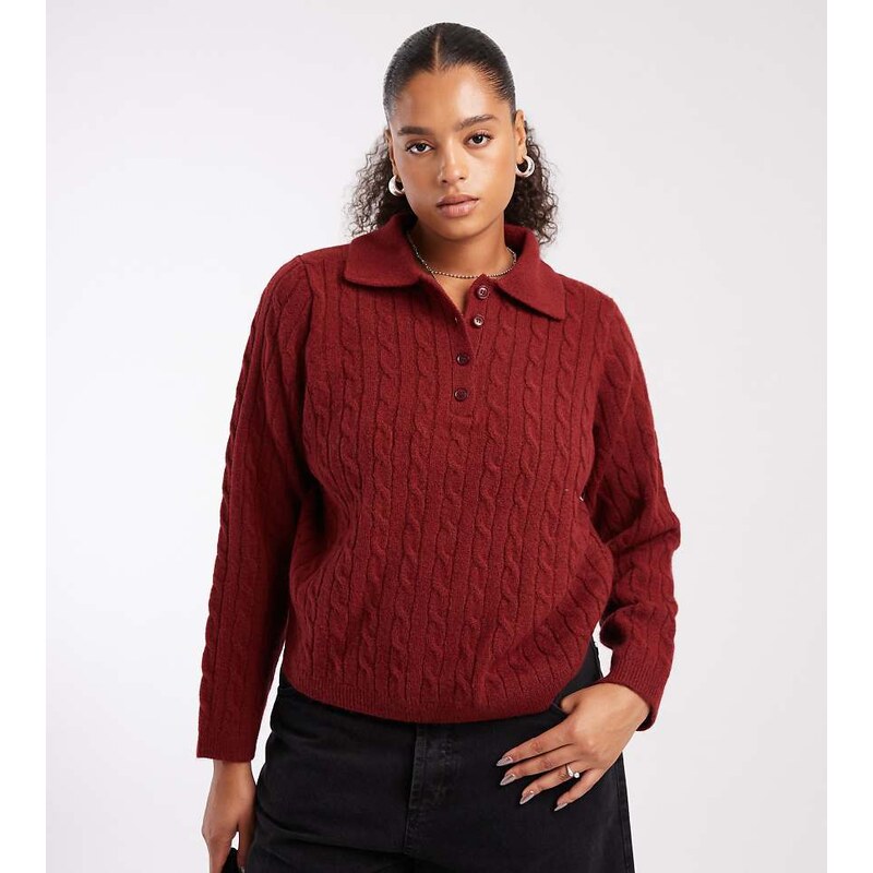 New Look Plus New Look Curve cable knit polo jumper in red