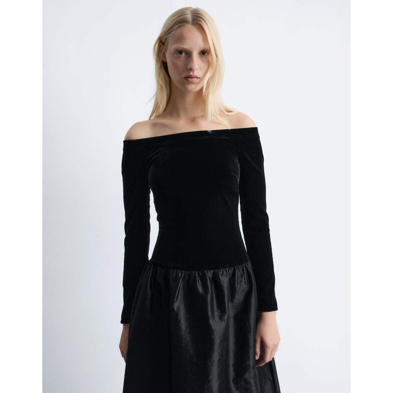 & Other Stories off shoulder maxi dress with peplum hem in black