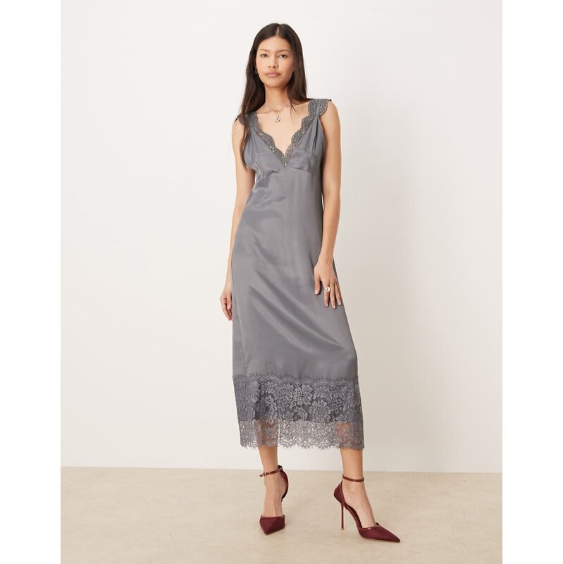 ASOS DESIGN lace detail v neck satin maxi dress in charcoal grey