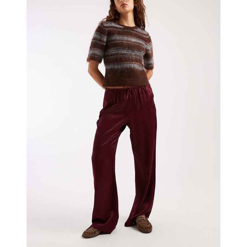 ASOS DESIGN satin wide leg pull on trouser in plum-Purple 110052263