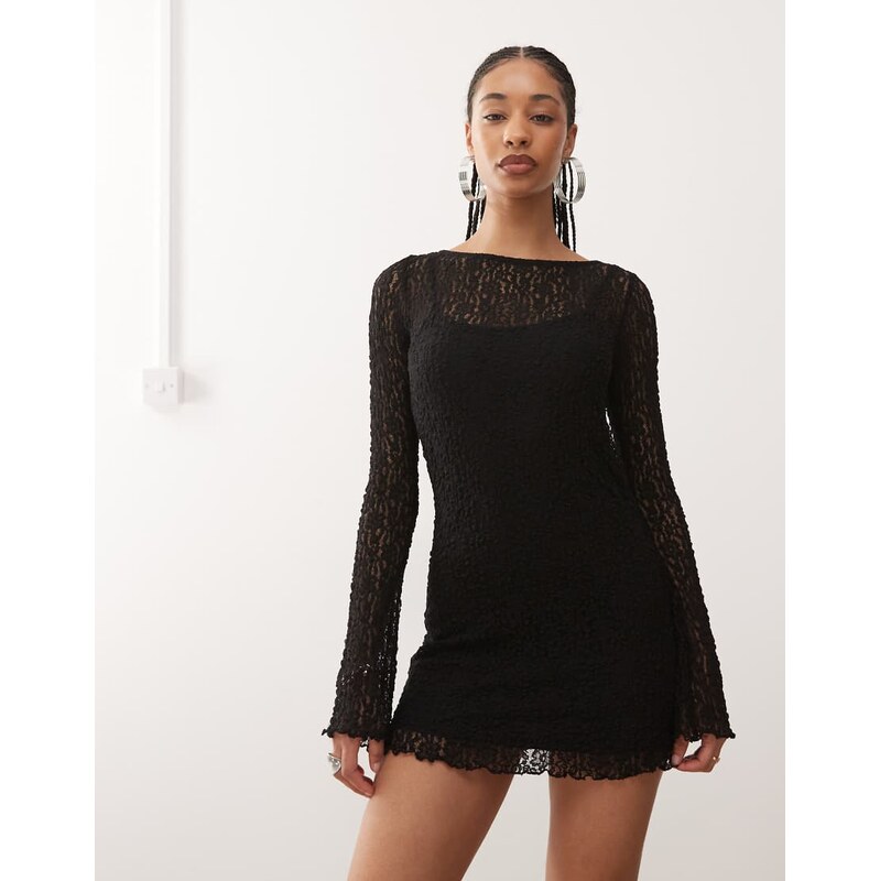 Monki long sleeve lace mini dress in black