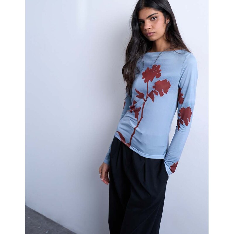 Topshop microfibre floral print long sleeve top in blue