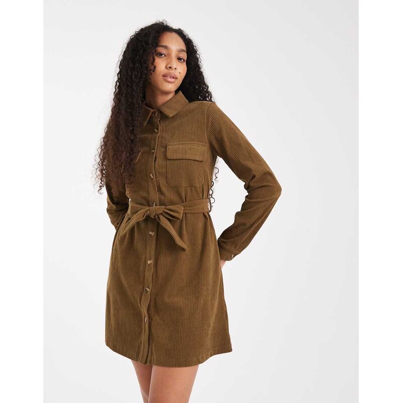 Threadbare cord button through shirt dress in khaki-Green 109594475