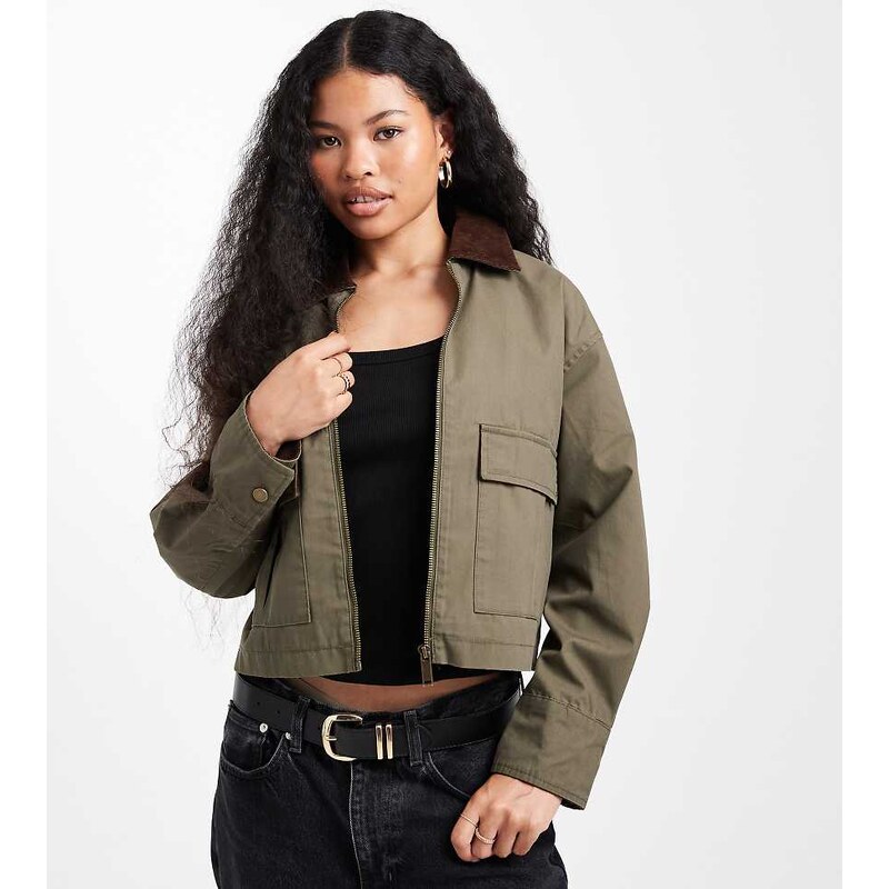 New Look Petite cropped barn jacket in khaki-Green 115167019