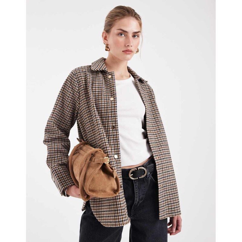 New Look check shacket in brown 109635679