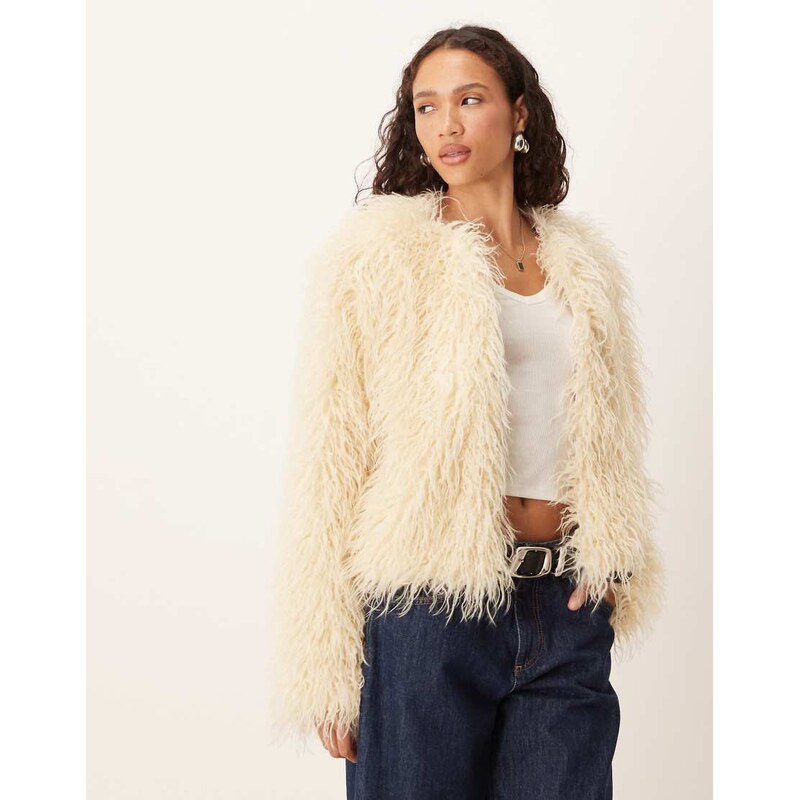 Brave Soul collarless short mongolian faux fur jacket in cream-White 109410006
