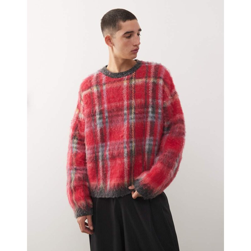 Reclaimed Vintage crew neck brushed knitted jumper in red check