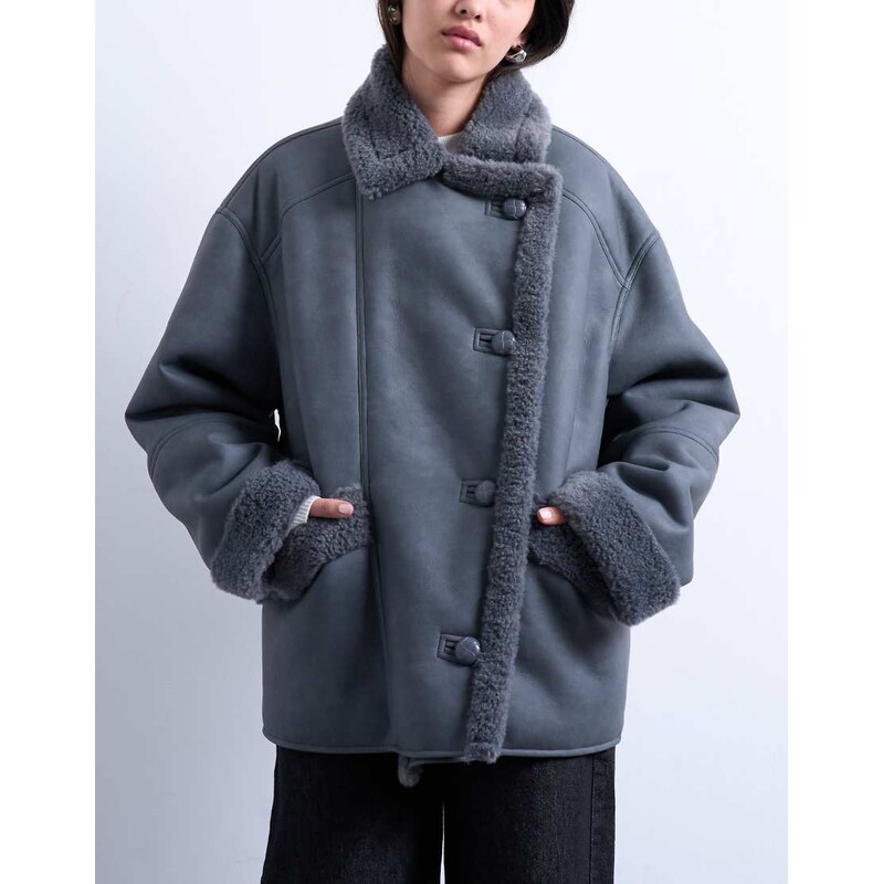 Topshop shearling super oversized car coat in grey