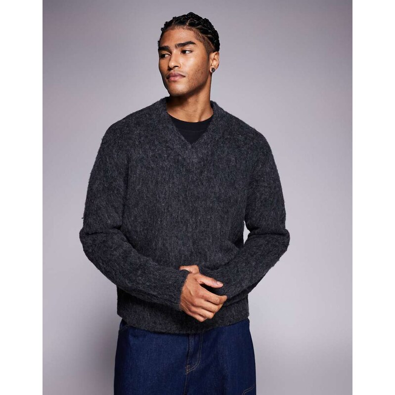 ADPT fluffy v neck knit jumper in dark grey 109410007