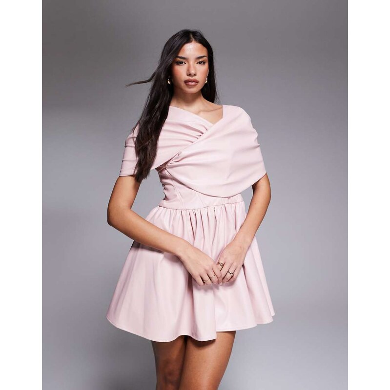 ASOS LUXE faux leather bardot skater dress in dusky pink 114519733