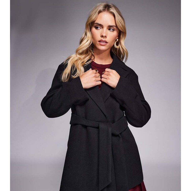 Forever New Petite formal smart wrap coat in black-Neutral 109410102