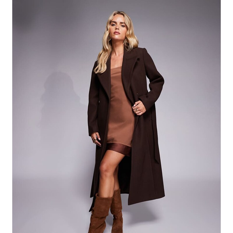 Forever New Petite formal wrap coat in warm chocolate brown 110956357