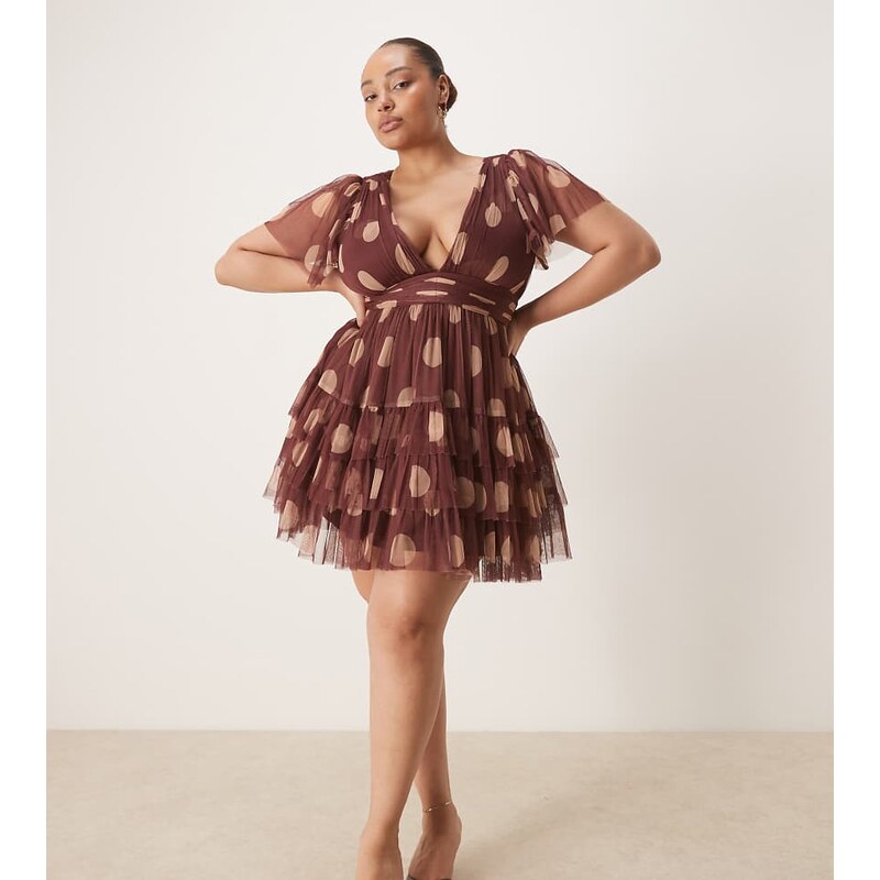 Lace & Beads Plus tulle v neck ruffle tiered mini dress in brown polka 113369593