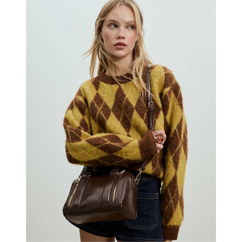 Stradivarius Leather effect bag with zips in brown