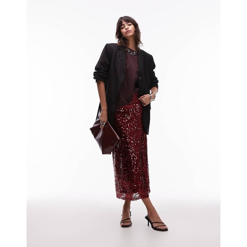 ASOS DESIGN sequin midi skirt in cherry-Red