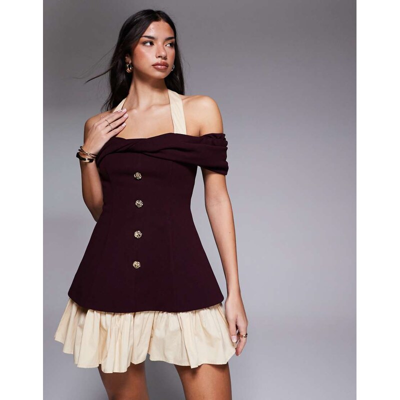 ASOS LUXE button down mini dress with halterneck detail in