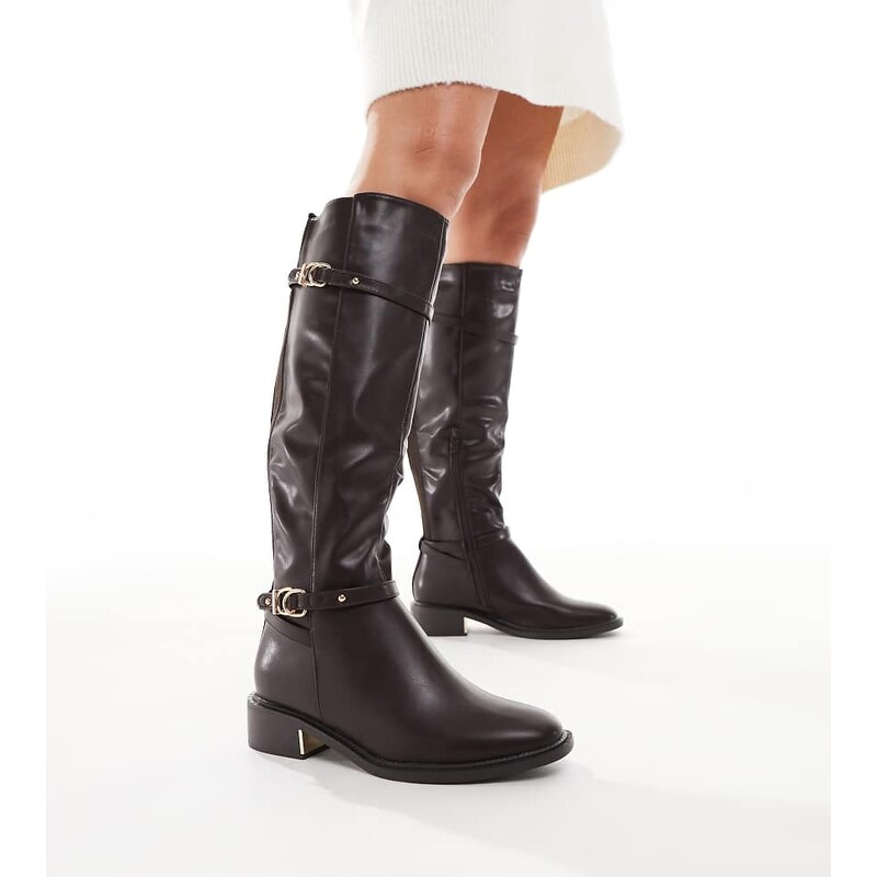 SEQWL Wide Fit Latte buckle detail refined riding boots in