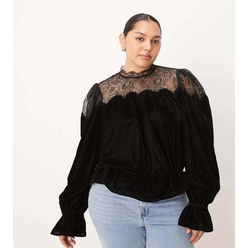 ASOS Curve ASOS DESIGN Curve velvet and lace mix high neck long