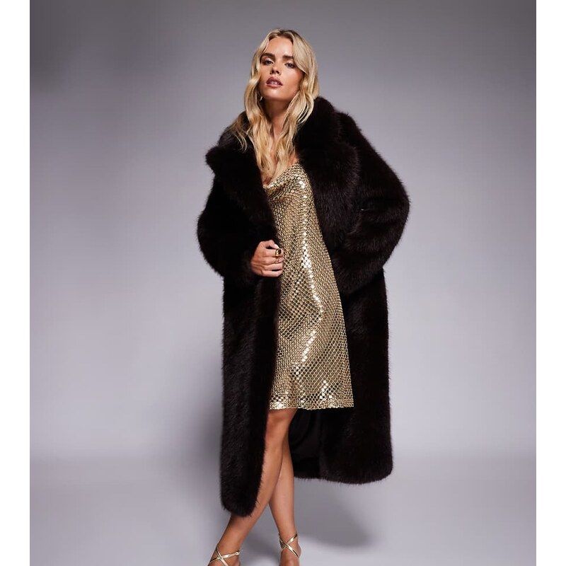 Forever New Petite faux fur maxi coat in chocolate-Black