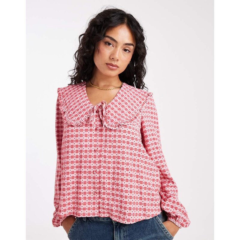 Threadbare long sleeve blouse with peter pan collar in pink and red 109614738