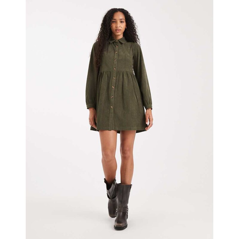Threadbare cord shirt mini dress in green