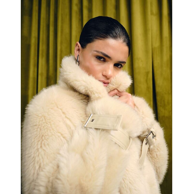 Urbancode faux fur belted 80s jacket in cream-White