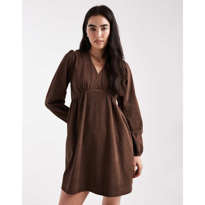 Threadbare cord long sleeve mini dress in chocolate brown