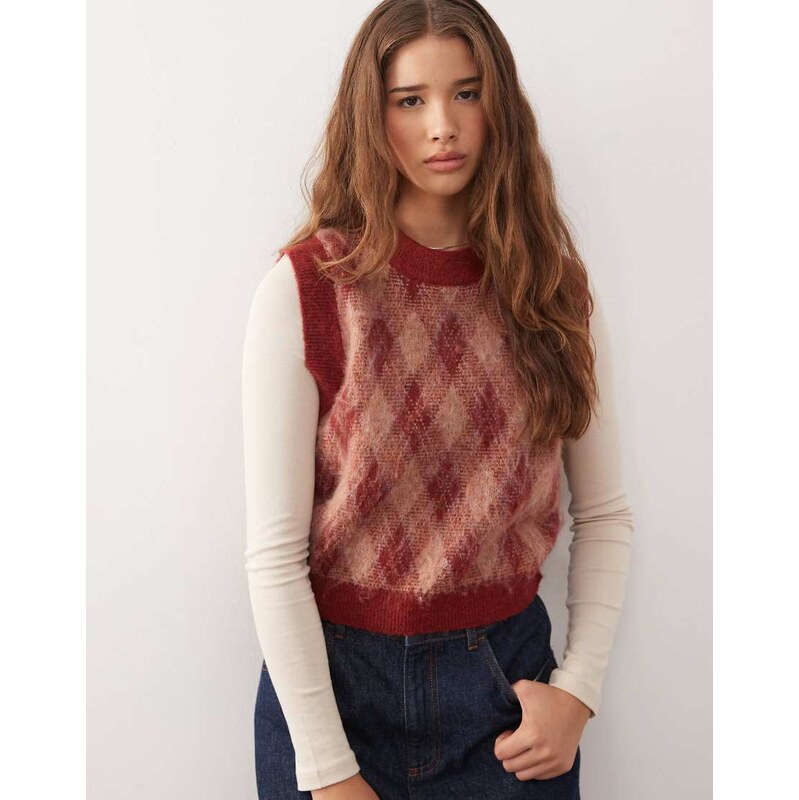 Reclaimed Vintage brushed knitted tank in burgundy argyle print