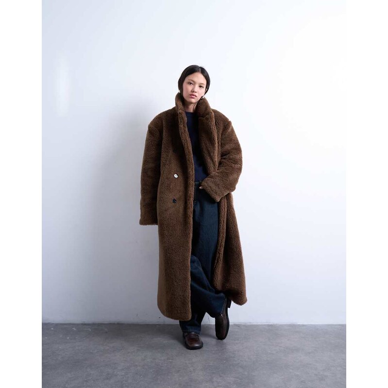 Topshop double breasted borg longline coat in brown