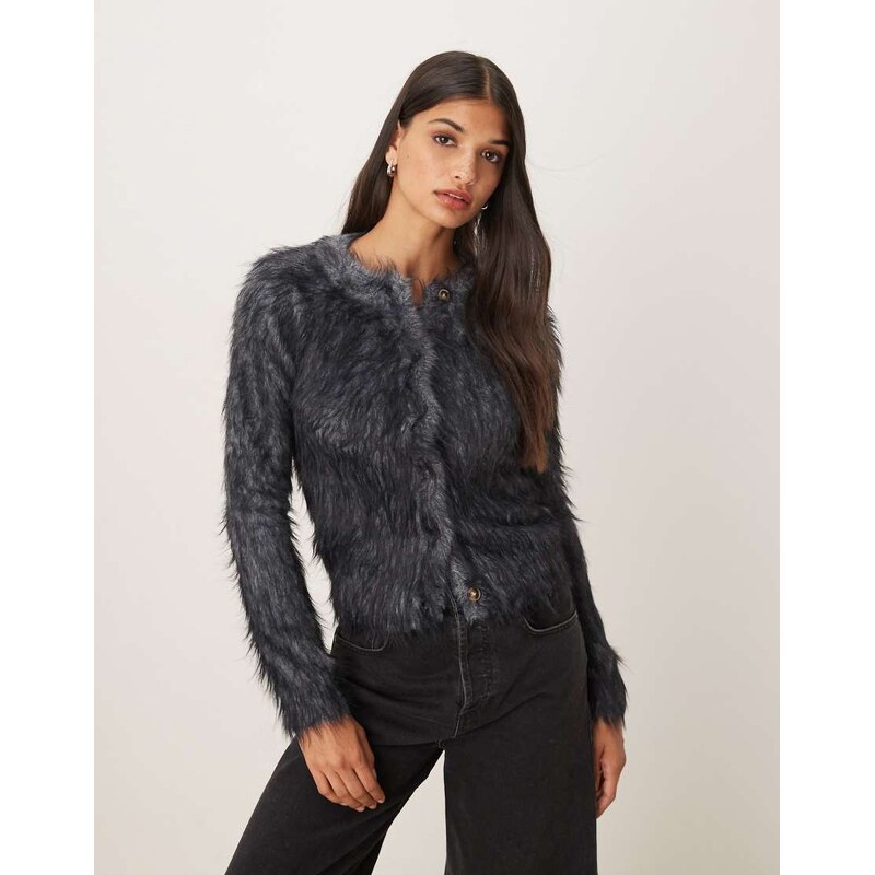 ASOS DESIGN knitted extreme eyelash neat fit cardigan in grey
