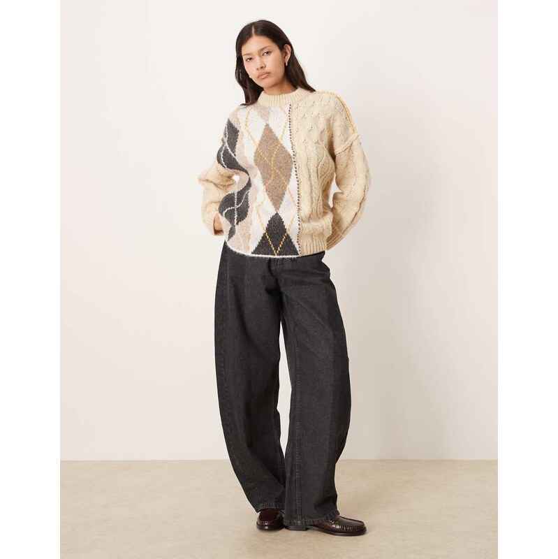 ASOS DESIGN patched argyle cable mix jumper in mocha-Brown