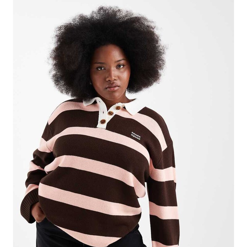 Renee Studio Plus exclusive knitted collared rugby top in pink
