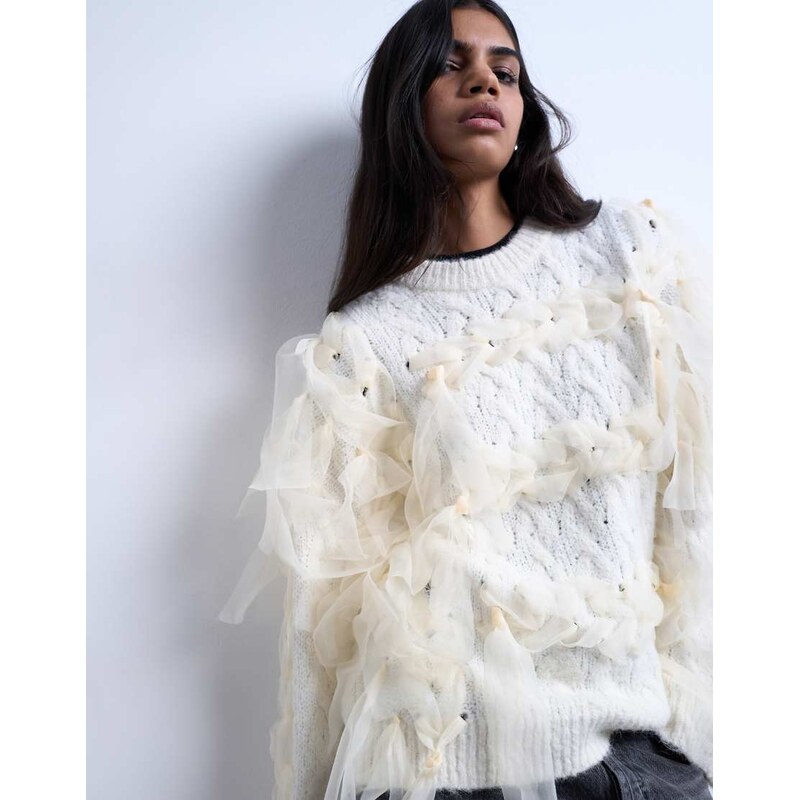 Topshop knitted plaid ribbon jumper in Ivory-White 109413046