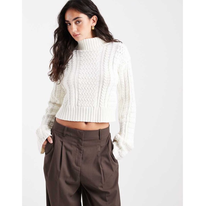4th & Reckless cotton blend high neck cropped roll neck cable knit 111155774