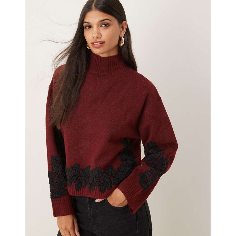 ASOS DESIGN lace sleeve and waist placement funnel neck jumper in plum-Purple