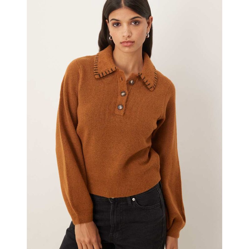 ASOS DESIGN blanket stitch collared polo in toffee-Auburn