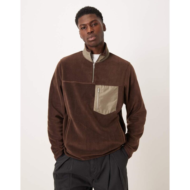 ASOS DESIGN fleece quarter zip with pocket in brown - BROWN