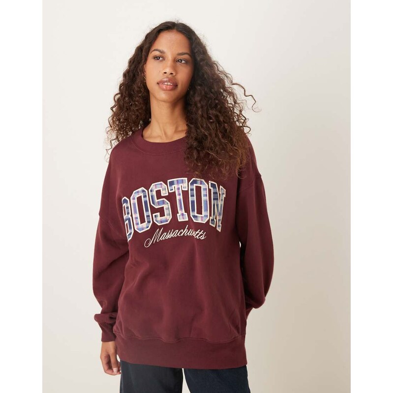 Abercrombie & Fitch crew neck sweatshirt with plaid logo in burgundy 109412943