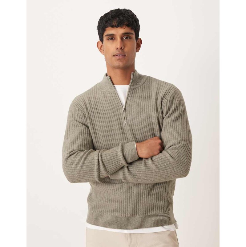Mango wool blend quarter zip knitted jumper in sage green
