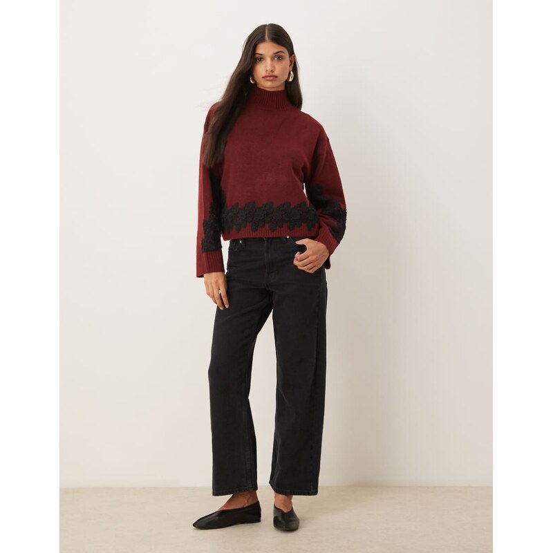 ASOS DESIGN lace sleeve and waist placement funnel neck jumper in plum-Purple