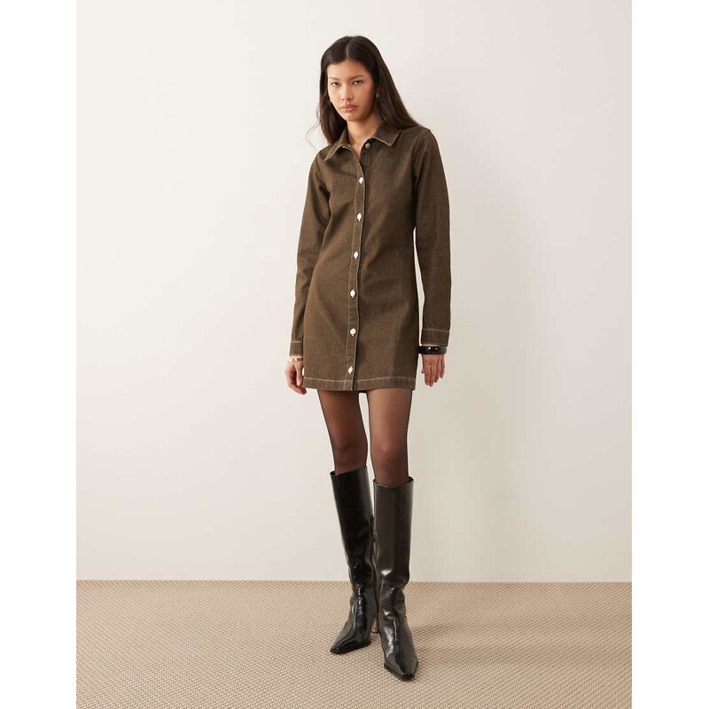 ASOS DESIGN fitted denim shirt dress with long sleeve in khaki-Green