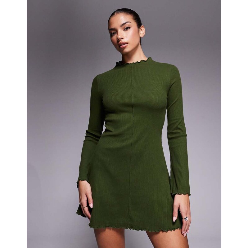 ASOS DESIGN ribbed long sleeve lettuce hem mini dress in khaki-Green
