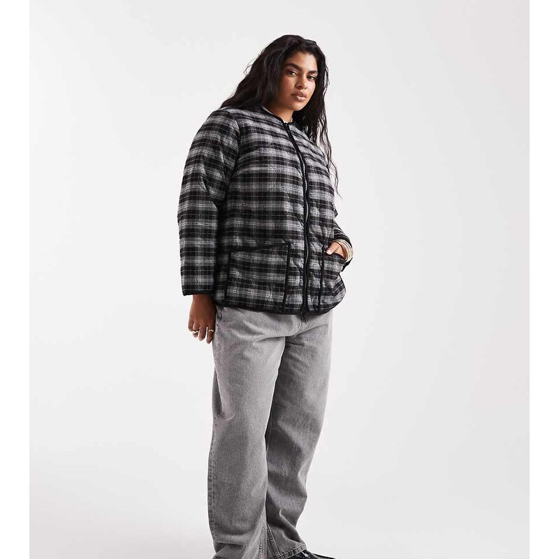 New Look Plus New Look Curve check quilt padded jacket in black