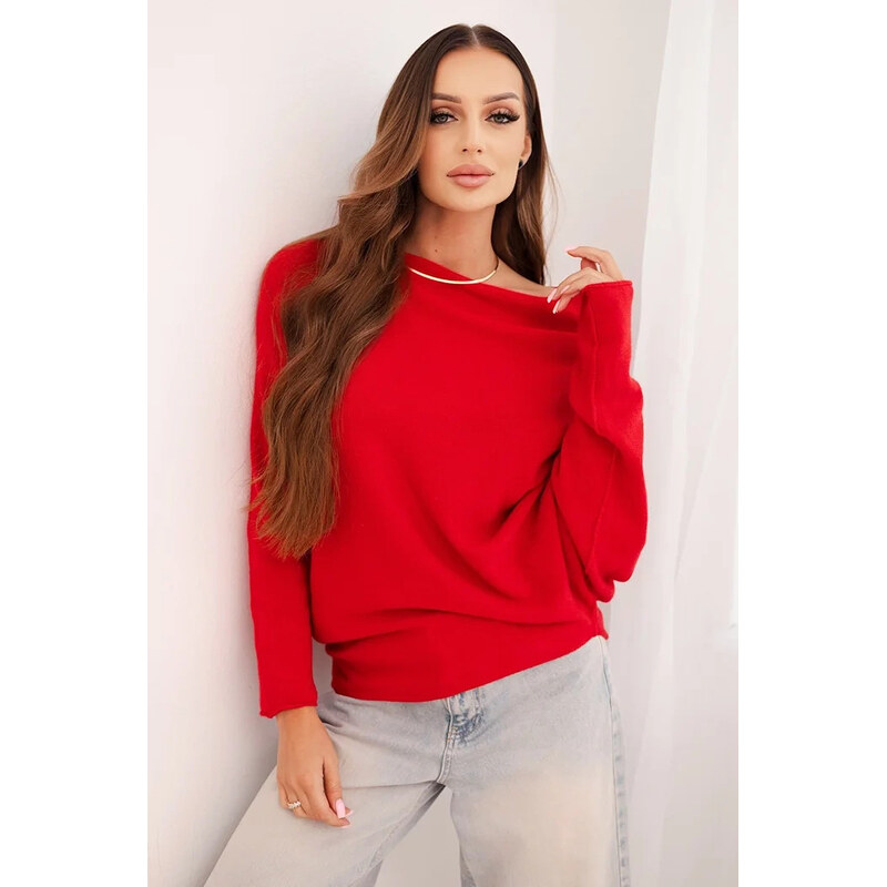 K-Fashion Dámský asymetrický batwing svetr viskózový červený