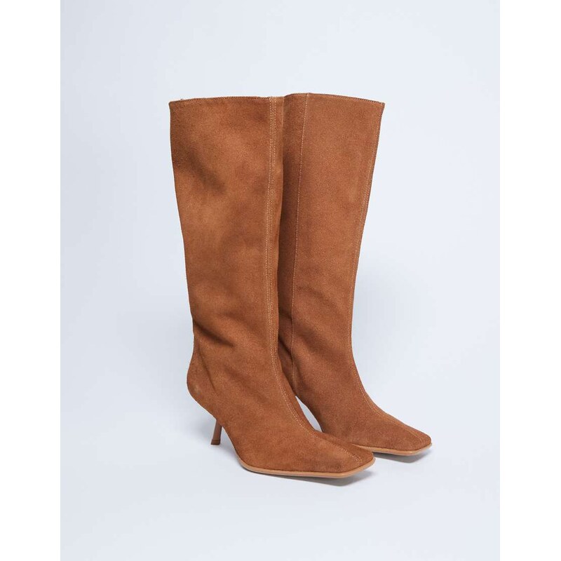 Topshop Scarlett Premium suede leather square toe knee high boot in 115514328