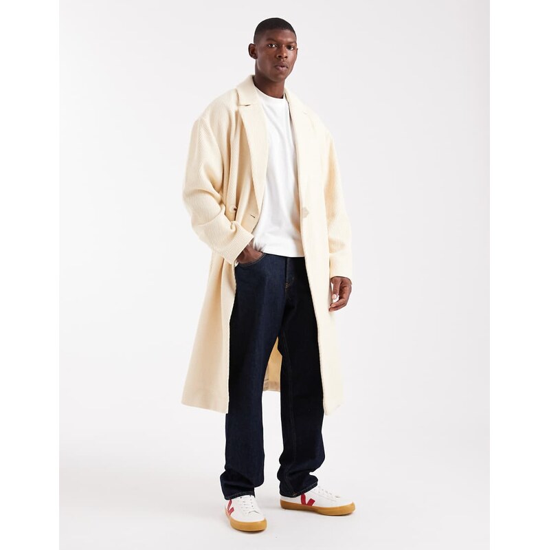 ASOS DESIGN oversized long wool look overcoat in ecru-White